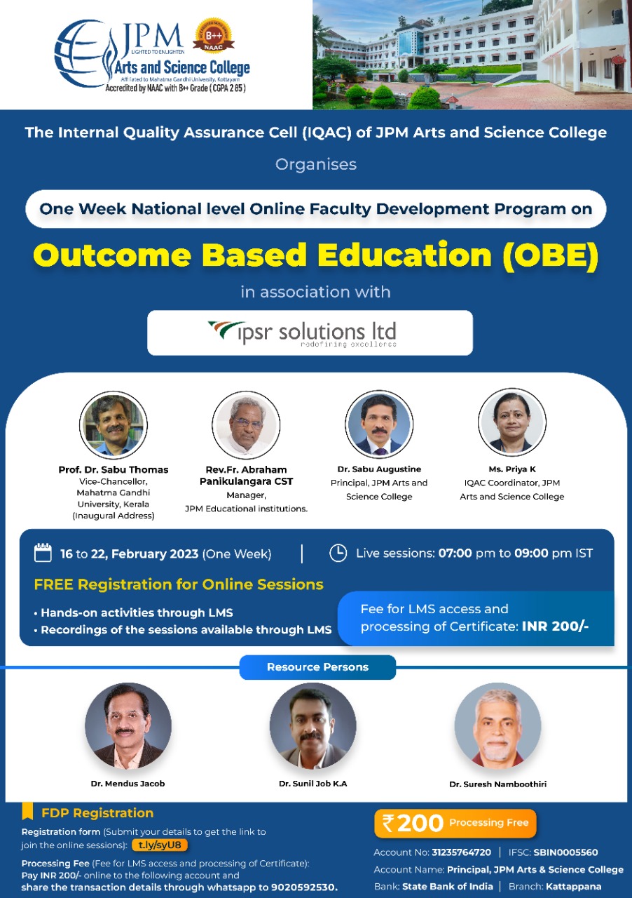 One Week National level Online Faculty Development Program on Outcome Based Education (OBE)